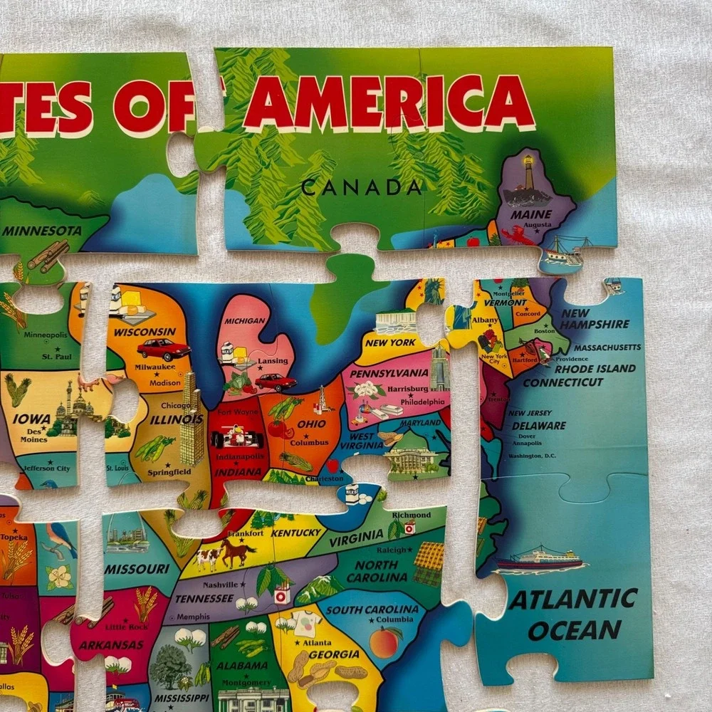 Vintage First Learning Wooden USA Map Floor Puzzle 26 Pcs 36x24 Complete OpenBox